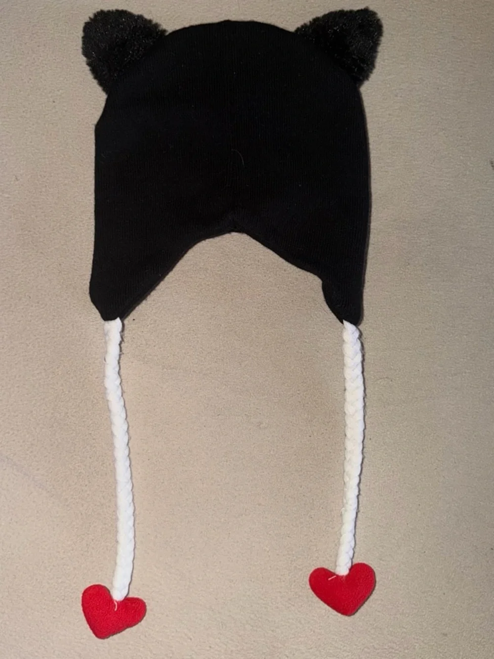 Hot Topic Black and White Skull Cat Ear Beanie with Red Heart Accents